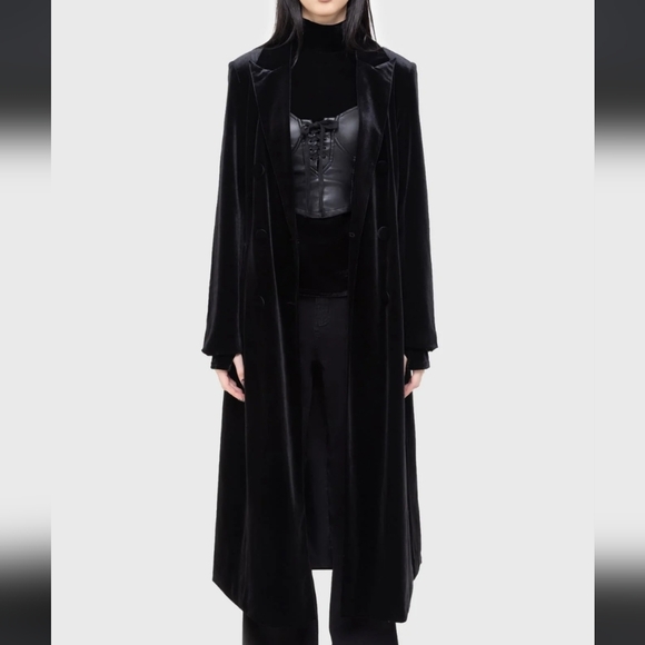 Killstar Long Double-Breasted Velvet Trench Coat - Black - Picture 3 of 9